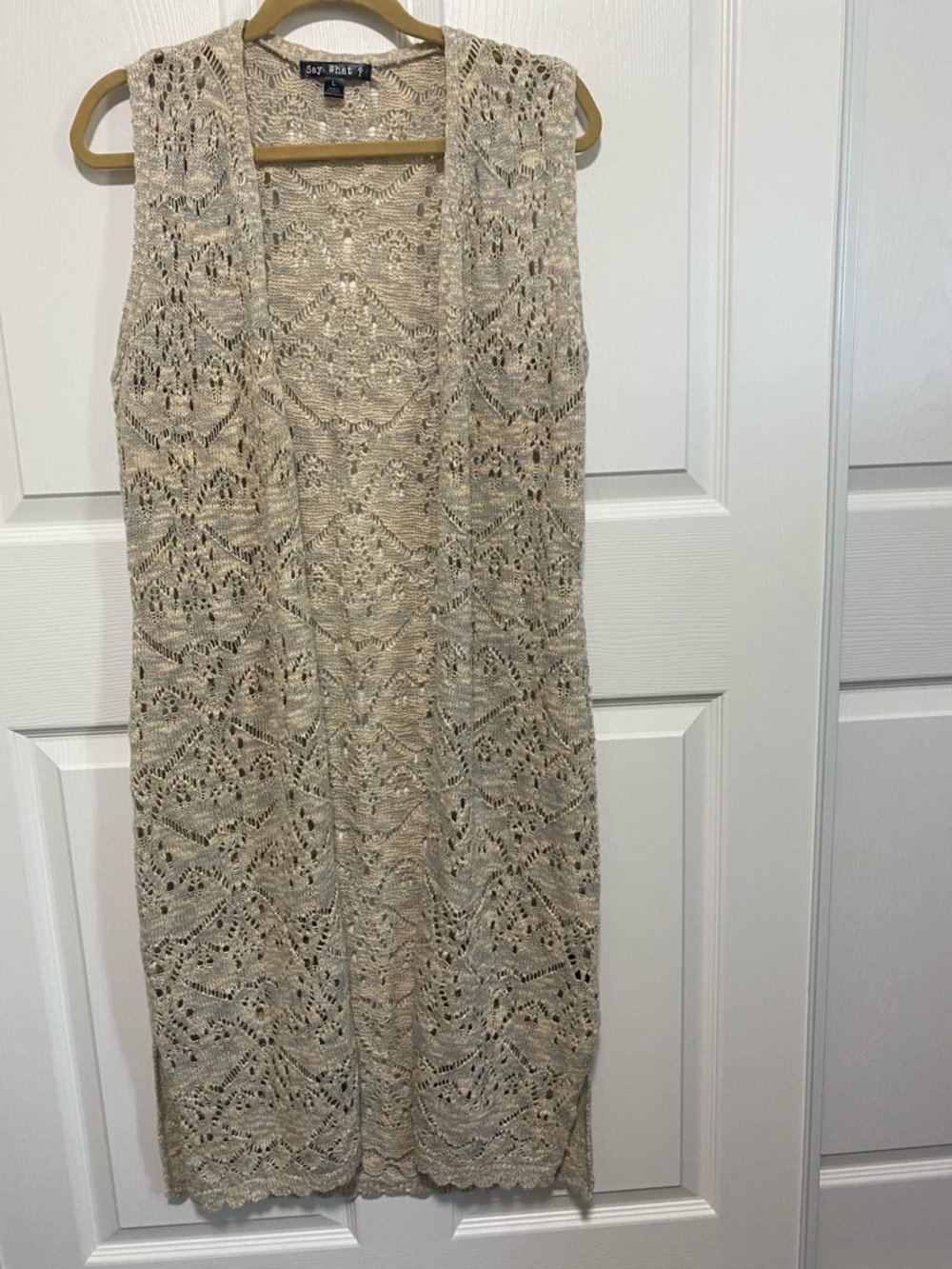 Say What? Beige Crochet Knit Long Vest